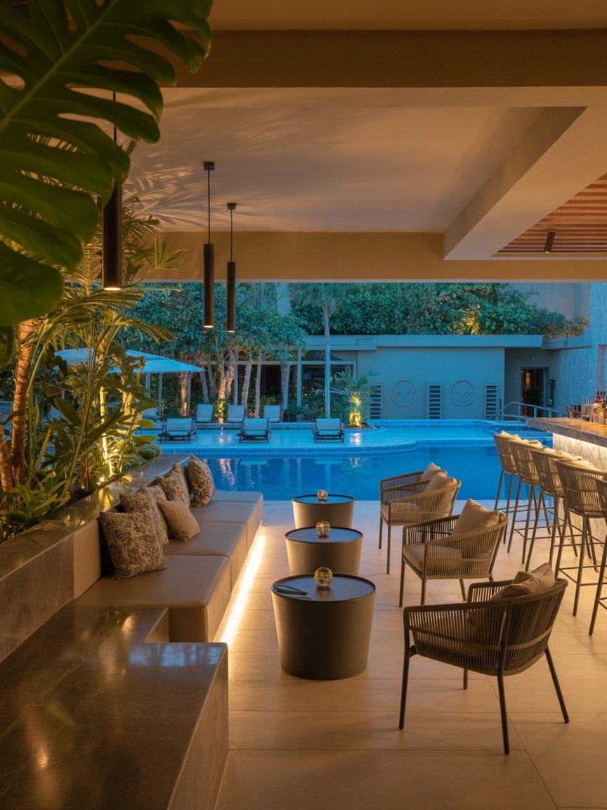 Bar lounge con vista a la piscina